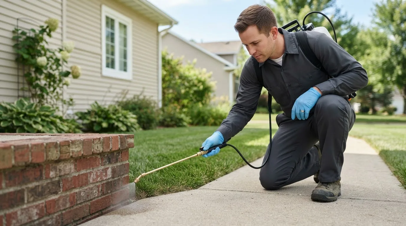 Pest control technician treating a home near Methuen, MA